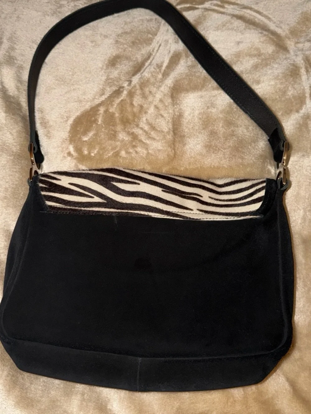 Black Shoulder Bag with Zebra-Print Flap